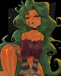 all_fours ass astrodraws bare_shoulders blush breasts choker crop_top drooling female female_only green_hair heart long_hair medium_breasts on_all_fours orange_body original original_character panties sleeves squint tagme thick_thighs torn_clothes voluptuous wide_hips