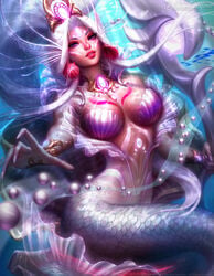 1girls breasts earrings eyeliner eyeshadow female female_only fins hair large_breasts lipstick long_hair makeup mermaid michelle_hoefener monster_girl pasties purple_eyes realistic seashell_pasties solo underwater white_hair