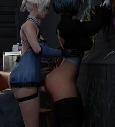 1futa 1girls 3d against_wall ambiguous_penetration blue_hair futa_on_female futanari gloves kaine_(nier) nier nier:_automata tagme white_hair yorha_2b