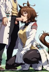 1boy 1girl agnes_tachyon_(umamusume) ahoge ai_generated animal_ears black_pants black_pantyhose boots breasts brown_eyes brown_hair clothed_sex coat earrings erection fellatio hair_between_eyes hetero hexogen horse_ears horse_girl horse_tail jewelry lab_coat long_sleeves necktie open_clothes open_fly oral pants pantyhose penis red_eyes saliva shirt short_hair short_necktie single_earring sleeves_past_fingers sleeves_past_wrists solo_focus squatting stealth_fellatio sweater sweater_vest tail test_tube testicles umamusume uncensored white_coat white_footwear yellow_sweater