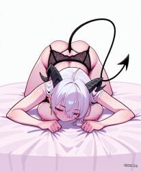 1girl alternate_costume anime_style arms_under_head ass_up black_horns black_lace_bra black_lace_lingerie black_lace_panties black_tail breast_press breasts closed_eyes demon_horns detailed face_down female female_only fenzobai from_above high_angle large_breasts lingerie lying_on_bed on_bed peaceful_expression pointed_tail ram_horns shiny_skin short_hair short_sleeves soft_breasts solo spade_tail white_crop_top white_hair zani zani_(wuthering_waves)