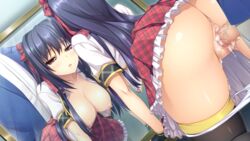 1boy akizora_momiji anus ass bent_over black_gloves black_hair black_legwear blush breasts censored cum cum_in_pussy doggy_style dutch_angle female fingerless_gloves frilled_skirt frills game_cg gloves hair_intakes hair_ribbon kisaragi_reina large_breasts long_hair mirror mosaic_censoring nipples open_mouth panties panty_pull penis plaid plaid_skirt pussy red_eyes ribbon sex skirt teaka_mamire_no_tenshi thighhighs underwear vaginal_penetration white_panties