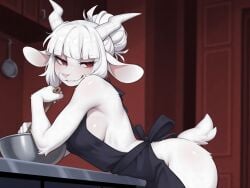 1girls ai_generated anthro apron demon demon_girl demon_horns female female_only fur furry goat goat_ears goat_girl goat_lucifer_(helltaker) goat_tail helltaker horns lucifer_(helltaker) solo white_hair