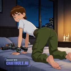 1boy ai_assisted ai_generated all_fours anime_screenshot barefoot ben_10 ben_tennyson brown_hair candle_light candles covered_erect_nipples dark_room green_eyes green_pants half_closed_eyes highres hotel_room leotard looking_at_viewer looking_back_at_viewer male_focus night official_art on_all_fours on_bed pants parody parted_lips shy small_ass small_breasts smile soles solo viewed_from_behind water_gun weapon white_shirt window wristwatch