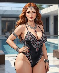 1girls ai_assisted ai_generated armlet black_clothing bracelet cel_shading circlet cleavage earrings embroidery eyelashes female gem_necklace gemini ginger_hair grok hair_beads hair_ornament hand_on_hip inner_sideboob light-skinned_female lipstick long_hair loose_hair luxurious luxury medium_breasts milf monokini necklace one_hand_on_hip poolside rgomez007 seductive_look self_upload silver_jewelry smiling_at_viewer solo_female standing swimming_pool swimsuit thick_lips thick_outline thick_thighs voluptuous warm_lighting wide_hips