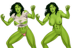 1girls abs avengers big_breasts breasts cameltoe female female_only green_eyes green_hair green_skin hulk_(series) marvel marvel_comics nipples nude panties pubic_hair she-hulk solo thong toned toned_female torn_clothes zakuman