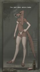 absurd_res anthro body_hair bottle bra bulge canid canine canis chest_hair chest_tuft cigarette claws clothed clothing collar container crossdressing crossdressing_male crotch_tuft domestic_dog handwear hi_res iziks iziks_(character) legwear makeup male mammal mascara mirror mirror_reflection mittens pubes reflection smoking smoking_cigarette solo stockings torn_clothing torn_underwear trash tuft underwear