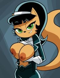 1girls 2026 anthro black_hair blue_background breasts brown_body brown_fur brown_hair brown_nipples coolerinker domestic_cat feline female female_only flashing_breasts furry gloves grabbing_own_breast green_eyes headband holding_breast inker_comics inkershike jacket jacket_open kitty_katswell looking_at_viewer nickelodeon nipples shirt shirt_lift sweater sweater_lift t.u.f.f._puppy