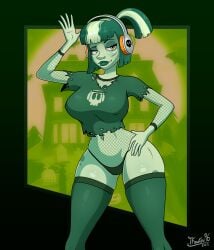 1girls 2023 big_boobs big_breasts carmella_creeper cereal_mascot female female_only fishnets general_mills goth goth_girl gothic green_skin green_skinned_female headphones hourglass_figure lips monster_cereal solo solo_female solo_focus zombie zombie_girl