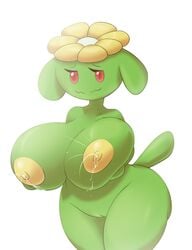 anthro areola breasts eyelashes female flora_fauna flower lactation looking_at_viewer metachoke nintendo nipples nude plant pokemon pussy red_eyes simple_background skiploom solo video_games white_background