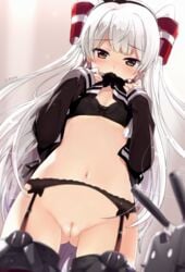 amatsukaze_(kantai_collection) blush bra dutch_angle female garter_straps hair_between_eyes hair_ornament hair_tubes kantai_collection long_hair navel ogipote pussy sailor_dress shirt_lift silver_hair solo thigh_gap thighhighs two_side_up uncensored very_long_hair windsock yellow_eyes