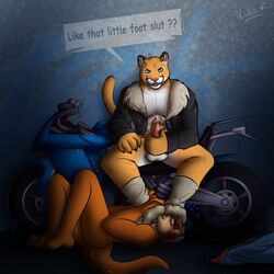 balls biker blush clothed clothing cougar dirty_talk domination eyewear feline foot_fetish foot_on_face foot_sniffing foot_worship glasses hindpaw kamelotnoah legwear lying male male_only mammal masturbation motorcycle musky_feet mustelid on_back otter partially_clothed paws penis precum sitting smelling_feet socks submissive tarrin yaoi