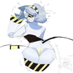 2d 2d_(artwork) artist_upload ass_focus dialogue glitch_productions murder_drones n_(murder_drones) naked robot robot_girl seductive tail taunting v_(murder_drones) vagina_focus white_hair yellow_eyes