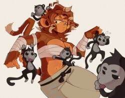 anthro arm_wraps bandages beige_pants big_ass big_breasts black_belt breasts brown_fur curvy female group hair huge_breasts long_tail monkey monkey_fist_(talons_tw) monkey_girl muscular_female primate size_difference striped_tail talons_tw thick_thighs white_bandages wide_hips