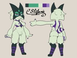 absurd_res accessory anthro ass defunctumbra erect_nipples fan_character felid feline female fur fur_markings generation_9_pokemon genitals hi_res mammal markings mask meowscarada model_sheet necktie nintendo nipples plump_labia pokemon pokemon_(species) pubes smile solo stefanie_(stefan_bestus) vulva