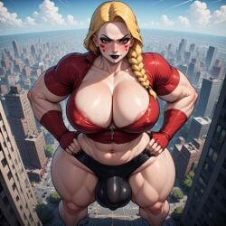 abs ai_generated blonde_hair bulge_through_clothing charlie_morningstar_(hazbin_hotel) city extreme_close-up futanari giantess hands_on_hips hazbin_hotel intersex muscular_female perchance_ai red_eyes spandex_suit suit villain white_skin yellow_sclera