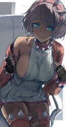 1girls absurdres backlighting bare_shoulders big_breasts blue_eyes bracelet breasts clothing collar collarbone commentary dress elphelt_valentine english_commentary female female_only fingerless_gloves gloves guilty_gear guilty_gear_strive hairband hews hews_hack highres jewelry large_breasts looking_at_viewer short_hair sideboob smile solo spiked_bracelet spiked_collar spiked_hairband spikes swept_bangs thick_thighs thighhighs thighs unfinished white_hair