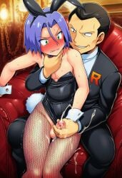 ai_generated asserting_dominance assertive assertive_male bunny_boy bunny_costume bunny_ear bunny_ears bunny_tail bunnysuit cumming fishnet fishnet_legwear fishnets giovanni_(pokemon) james_(pokemon) submissive submissive_male sweat sweating team_rocket tears twink twink_and_daddy yaoi