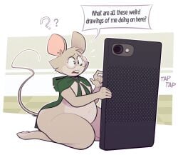 1girls big_ass cape cellphone concerned concerned_look dialogue furry glasses green_cape grey_fur mouse mouse_ears mouse_tail mrs._thrushwood_(ridiculouscake) navel phone pudgy_belly questioning questioning_art questioning_internet reacting ridiculouscake round_glasses sitting sitting_on_floor tagme wide_hips