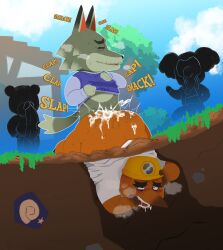2026 animal_crossing anthro armor balls bear bepboye big_penis bodily_fluids canid canine canis character_request closed_eyes clothing cum duo_focus erection eulipotyphlan genital_fluids genitals group hard_hat headgear helmet hi_res koala male male/male mammal marsupial mature_male mole_(animal) mr._resetti nintendo outside penis plant sex shirt slightly_chubby sweat topwear tree underground vombatiform wolf