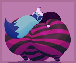2026 anthro armwear ass big_breasts big_butt big_vulva black_armwear black_bottomwear black_clothing black_nose black_pants blue_body blue_ears blue_hair blue_inner_ear_fluff blue_tail blue_tail_tip bottomwear breasts butt_grab butt_squish camel_toe canid canine clothing colored digital_media_(artwork) dipstick_tail faye_(reathe) female fox genitals hair hand_on_butt hand_on_own_butt hi_res huge_breasts huge_butt hyper hyper_breasts hyper_butt hyper_genitalia hyper_vulva inner_ear_fluff insane kuroyami looking_at_viewer looking_back looking_back_at_viewer mammal markings multicolored_body pants pattern_armwear pattern_bottomwear pattern_clothing pattern_pants pink_armwear pink_background pink_body pink_bottomwear pink_clothing pink_pants purple_clothing purple_shirt purple_tongue purple_topwear rear_view red_eyes shaded sharp_teeth shirt simple_background smile smiling_at_viewer solo squish tail tail_markings teeth tight_clothing tongue tongue_out topwear tuft two_tone_body vulva