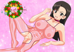 black_eyes black_hair blush breasts condom cum cum_in_mouth female girls_und_panzer large_breasts mevius9 navel nipples nishi_kinuyo pussy solo used_condom