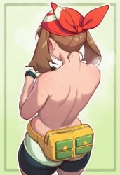back back_view bandana bike_shorts fanny_pack female gelatocastle may_(pokemon) no_shirt pokemon spats spats_shorts sweat