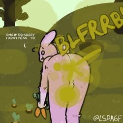 absurd_res animal_humanoid anthro backsack balls bodily_fluids carrot fart fart_fetish food fur genitals grass hi_res humanoid lagomorph lagomorph_humanoid leporid lspagf male mammal mammal_humanoid outside pink_body pink_fur plant rabbit rabbit_hole sweat sweatdrop tree vegetable