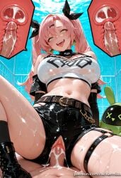 1boy ai_generated bangs bare_shoulders belt black_footwear black_ribbon black_shorts black_socks blush boots breasts cervix clitoris clothed_female_nude_male clothed_sex cowgirl_position crop_top cross_section crotch_cutout cum cum_in_pussy cum_on_body earrings ejaculation female green_eyes hair_ornament hair_ribbon hairclip heart internal_cumshot jewelry kermixx large_breasts long_hair micro_shorts midriff mole mole_on_breast mole_on_thigh mole_under_eye navel nicole_demara open_mouth overflow penis pink_hair pussy ribbon sex shiny_skin shorts smile socks solo_focus spread_legs stomach straddling straight strapless sweat thigh_strap thighs tongue tongue_out tube_top twintails two_side_up uncensored uterus vaginal_penetration yellow_eyes zenless_zone_zero