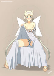 bare_shoulders bishoujo_senshi_sailor_moon blonde_hair blue_eyes blush cameltoe clothing collarbone double_bun dress dress_lift female flat_chest gradient_background long_hair neo_queen_serenity nipples panties sillygirl sinner sitting solo tiara tied_hair twintails usagi_tsukino web_address