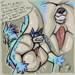 absurd_res anal anal_vore animal_genitalia anthro anus arkailart ass avian belly_humping big_butt bird_wyvern body_in_anus canid canine canyne capcom duo fangs fangs_bared furry genital_slit genitals head_in_ass hi_res mammal monster_hunter palamute penis seikret size_difference stomach_bulge tail tapering_penis teeth thick_tail vore
