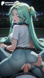 1boy 1girls 2026 ai_assisted ai_generated anime artist_name ass big_ass booty cock denim dick explicit green_hair hi_res high_quality high_resolution highres jeans long_hair lucky_cyan night open_mouth patreon patreon_username penis skypassion stable_diffusion straight to_be_hero_x torn_clothes torn_jeans torn_pants watch watermark