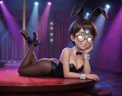 1girls ai_generated black_hair bunny bunny_costume bunny_ears bunny_girl bunnysuit carmen_sandiego_(2019) carmen_sandiego_(franchise) clothing crossed_legs cuffs_(clothing) curtains detached_collar fake_animal_ears female female_focus female_only femsub glasses glowing glowing_eyes glowing_white_eyes hand_under_chin hand_under_head headwear hypnosis hypnotized_female julia_argent julia_argent_(carmen_sandiego) legs leotard looking_at_viewer lying lying_down lying_on_stomach mind_control nightclub pantyhose pin-up pin-up_girl pin-up_pose pin_up pin_up_girl playboy_bunny playboy_bunny_costume playboy_bunny_ears playboy_bunny_leotard playboy_bunnysuit playboy_outfit playboy_suit pole posing posing_for_the_viewer rabbit_ears short_hair solo solo_female solo_focus stage stage_curtains stage_lights strapless_leotard strip_club thighband_pantyhose white_eyes wrist_cuffs zupern0va_(manipper)