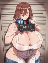 ai_generated angel_yukkis apron ass big_ass big_breasts breasts curvy_figure day go-toubun_no_hanayome jeans nakano_miku naked naked_female nipples oppai prison pussy pussy_juice sexy_female sexy_pose