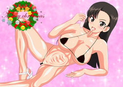 bikini black_eyes black_hair blush breasts condom cum cum_in_mouth female girls_und_panzer large_breasts mevius9 navel nishi_kinuyo solo used_condom