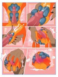4_toes anthro autofootjob balled balls blush bodily_fluids claws comic cum cum_on_feet duo erection feet flattened flattening_fetish foot_fetish foot_focus foot_play genital_fluids genitals glans hi_res luciotheartistxy male male/male masturbation pawpads paws penis rolled_up soles squish squishdingo_(character) toe_claws toes transformation