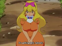 2d 2d_animation animated ashley_(pokemon) ashley_ketchum big_breasts blonde_hair bouncing_breasts breasts brock_(pokemon) donut donuts dress eating eating_donut eating_food edit edited english_subtitles green_eyes hips hips_wider_than_shoulders japanese_voice_acting kasumi_(pokemon) lipstick long_hair mankor orange_dress pikachu pink_bow pokemon pokemon_(anime) pokemon_(classic_anime) pokemon_(species) rule_63 satoshi_(pokemon) tagme vaporeon video what_is_happening wide_hips