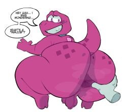 accessory ambiguous_gender anthro anus axelfloof backsack balls big_butt butt dinosaur duo english_text gameoverse genitals glitch_productions gobbles_(gameoverse) grin hi_res huge_butt huge_thighs hyper hyper_butt looking_back male male/ambiguous male_focus necktie nude_male penis prehistoric_species purple_body purple_scales reptile scales scalie short_tail shortstack shortstack_male smile solo_focus speech_bubble spread_anus spread_butt spreading tail text thick_thighs