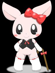 1girls anthro black_background black_sclera blush bow clitoris clothing feet female furry furry113 knee_socks lagomorph legwear looking_at_viewer mammal mostly_nude navel no_panties pink_fur pussy rabbit ribbon smile socks solo standing uniform walking_stick white_eyes young