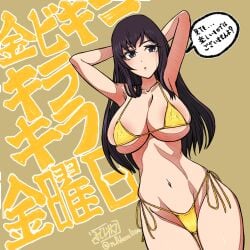 1girls areola_slip arms_behind_head artist_name big_breasts bikini black_hair breasts busty character_request closed_mouth covered_nipples erect_nipples_under_clothes grey_eyes japanese_text large_breasts legs long_hair looking_at_viewer pose posing sensual sexy sexy_armpits sexy_pose sideboob swimsuit thick_thighs thighs thong_bikini toned translation_request voluptuous yellow_bikini