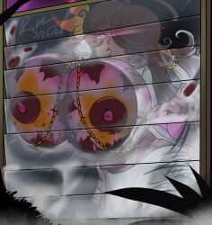 1girls big_breasts blush brown_hair brown_skin claws dress drooling flower flower_in_hair glowing_eyes grass hair_accessory hair_flower hair_over_one_eye hantu_tetek heart-shaped_pupils kemboja_(rickdiojames) long_claws massive_breasts necklace pink_eyes pink_nipples pressed_against pressing_breasts rickdiojames spirit tattoo tattoo_on_breast vein veiny_breasts veiny_face veiny_skin