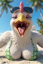 ai ai_generated arms_out_of_frame beach beach_background big_breasts big_thighs bikini_top chicken chicken_daisy chicken_girl cleavage easter eyewear_on_head female female_on_top furry hi_res high_quality laying_down open_mouth oral_invitation pov_eye_contact seductive_eyes smile sunglasses thick_thighs tongue_out uvula