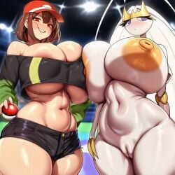 2girls ai_generated chara clothed clothing confident cucumber_king large_ass large_breasts looking_at_viewer looking_down looking_down_at_viewer massive_breasts nintendo novelai nude nude_female pheromosa pokemon pokemon_(species) pussy shiny_skin smirk standing thick_thighs ultra_beast undertale wide_hips