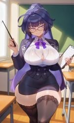 ai ai-created ai_art ai_generated big_hips big_thighs boobs breasts busty busty_female busty_woman chalkboard classroom classroom_desk classroom_setting curvaceous curvaceous_body curvaceous_female curvaceous_figure curvaceous_hips curvaceous_thighs curvy curvy_body curvy_female curvy_figure curvy_hips eyes glasses hair hips honkai_(series) honkai_impact honkai_impact_3rd hourglass_figure hourglass_figured_female hoyoverse large_boobs large_breasts large_tits long_hair long_purple_hair mature_body mature_female mature_woman mihoyo plump_boobs plump_breasts plump_tits pointer purple_hair raiden_mei raiden_mei_(herrscher_of_origin) teacher teacher_female teacher_outfit teasing_viewer thighs voluptuous voluptuous_female voluptuous_woman wearing_glasses wide_hips