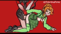 1boy 1girls ambiguous_penetration animated balls breasts breasts_out clothed_sex deadlock doggy_style drifter_(deadlock) gif green green_eyes green_skirt green_stockings green_sweater hairy_balls head_out_of_frame light-skinned_female light_skin necklace orange_hair paige_(deadlock) partial_male penis pubic_hair red_background redhead sex shoes simple_background skirtglasses