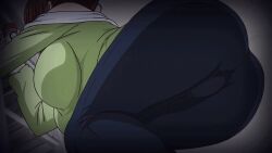 1girls 2017 2d 2d_animation animated animated_gif ass ass_focus bare_shoulders bent_over big_breasts blue_pants breasts cameltoe close-up clothed clothing crouching denim female female_focus female_only from_behind from_below green_shirt hentai hentai_series highres holding_object huge_breasts indoors jeans jitaku_keibiin large_ass large_breasts light_skin long_sleeves loop looping_animation low-angle_view mature_female milf off-shoulder_shirt off_shoulder pants shiny_skin shirt shouko_katsuragi single_hair_bun solo solo_female solo_focus suzuki_mirano tight_clothing tight_pants viewed_from_below