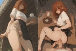 2boys ai_generated anal anal_sex annoyed apron apron_lift bent_over bent_over_table blush brown_hair bulge bulge_through_clothing cafe coffee coffee_mug crop_top femboy feminine_male green_eyes hannai knee_up looking_back male male_only multiple_images multiple_poses multiple_views otoko_no_ko outdoors panties panties_down penis perineum pov serving_tray shorts standing t-shirt testicles trap tshirt waist_apron waiter waitress yaoi