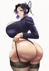 1girls ai_generated ass big_ass big_breasts black_hair black_legwear breasts butterfly_hair_ornament clothing curvy female female_only gigantic_breasts hair_ornament huge_ass huge_breasts kimetsu_no_yaiba kochou_shinobu lace looking_at_viewer looking_back purple_eyes purple_hair shiny shiny_skin skindentation smile solo thick_thighs thighs thong underwear voriksan