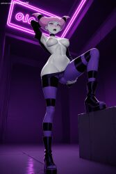 ai_generated armpits breasts choker detached_sleeves easter female gloves hi_res high_quality high_resolution jinx_(dc) medium_breasts navel nipples patreon pink_eyes pink_hair seductive sexy solo spicytoonai striped striped_legwear thighhighs uncensored watermark