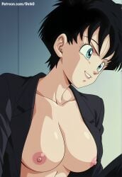 ai_generated black_hair blue_eyes deik0 dragon_ball dragon_ball_z female female_only indoors large_ass looking_at_side no_bra open_mouth retro_artstyle short_hair solo upper_body videl videl_(majin_buu_saga) videl_(short_hair)